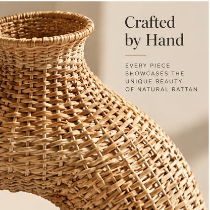 Three-quarter view of the sculptural arch rattan vase