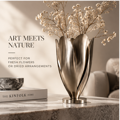 Petal-shaped metal vase displayed without stems on a console