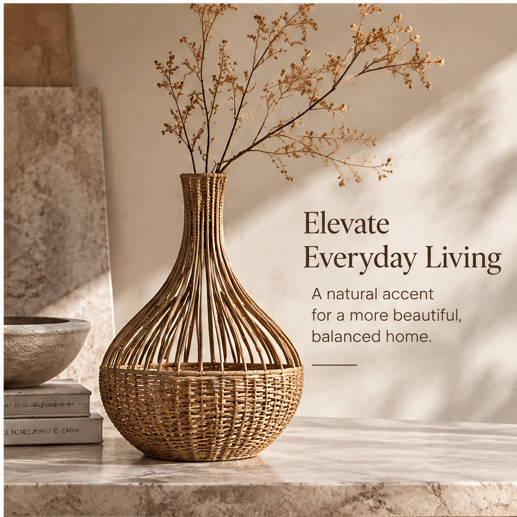 Warm-toned rattan vase styled alongside neutral home accessories