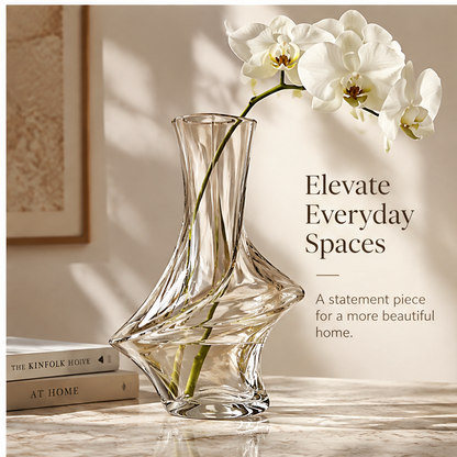Top-down view of the clear glass vase showing its sculptural contours
