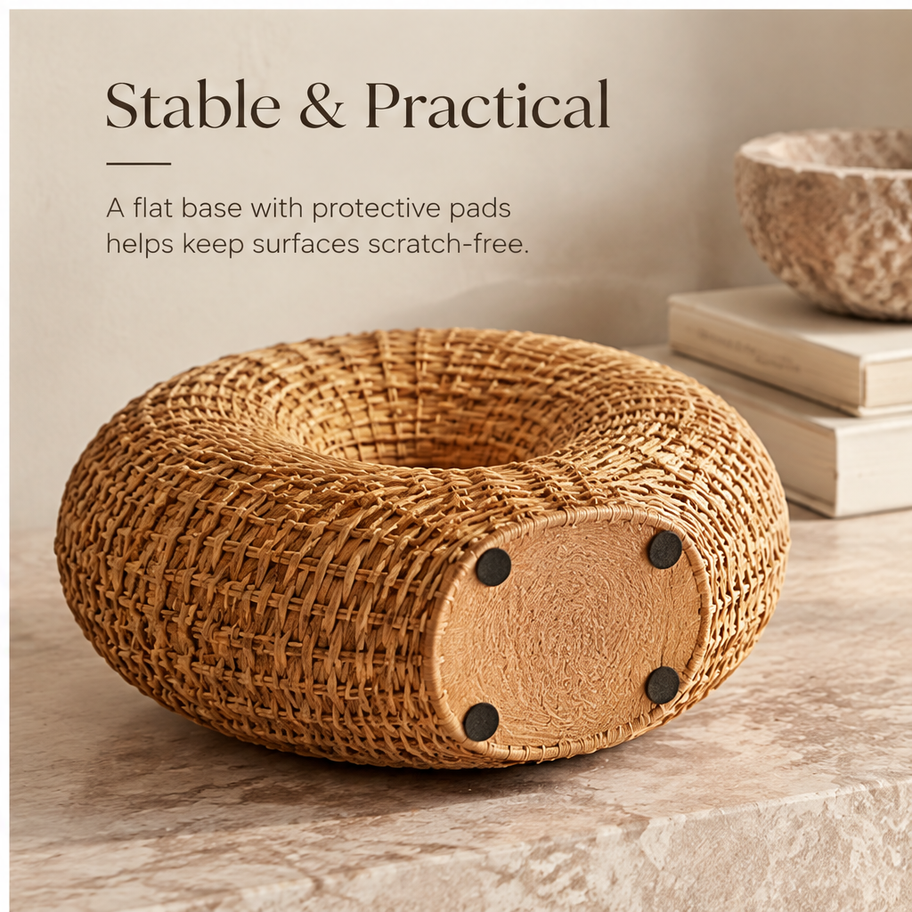 Underside of the ring-shaped rattan vase showing four base pads