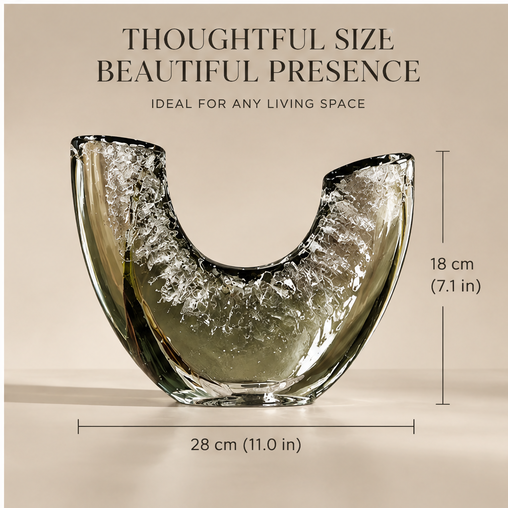 U-shaped glass vase dimensions: 18 cm high and 28 cm wide