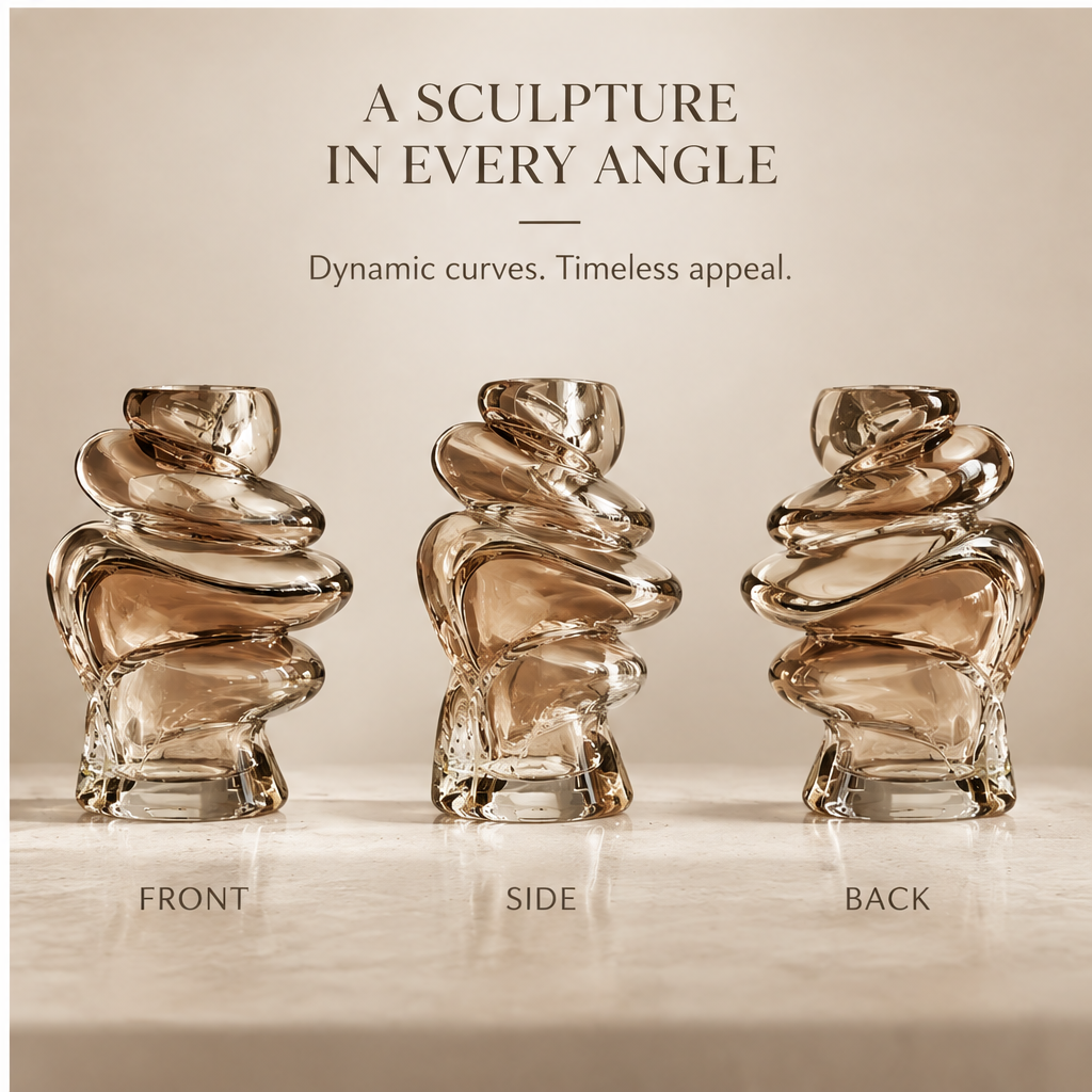Front, side, and back views of the asymmetric swirl glass vase