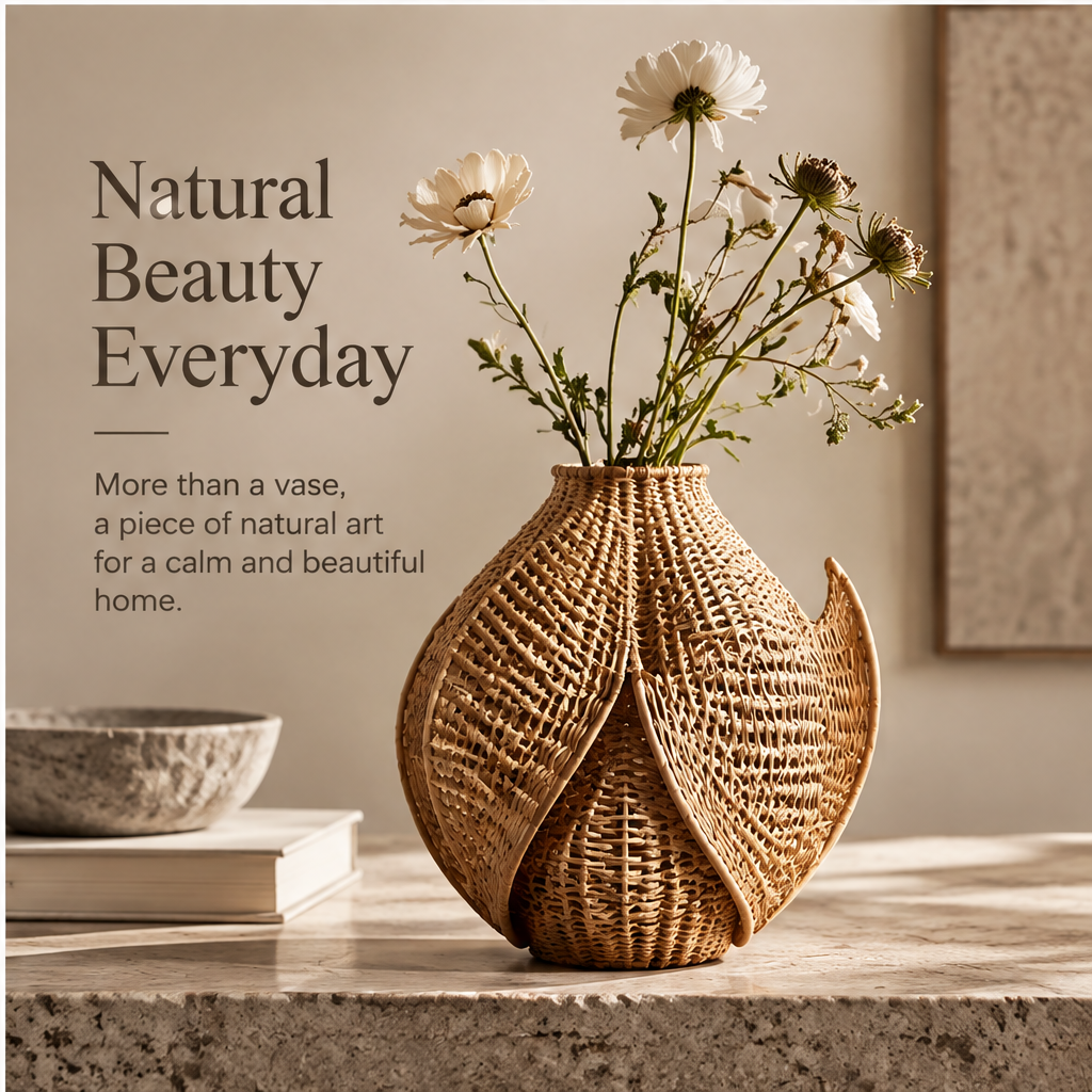 Leaf-shaped rattan vase dimensions: 26 cm high and 25 cm wide