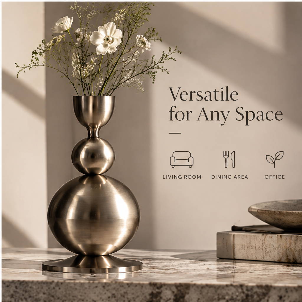 Sculptural stacked orb metal vase styled with an airy floral arrangement on a console