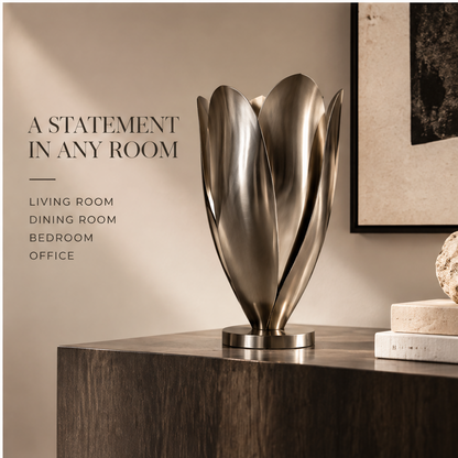 Full view of the layered petal metal vase and circular base